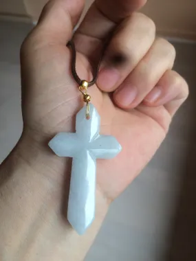 100% Natural type A light green/white/gray jadeite Jade Hand-held cross or cross pendant AY55