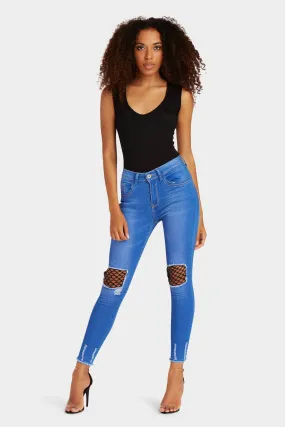 Blue Denim Ripped Knee Mesh Jeans