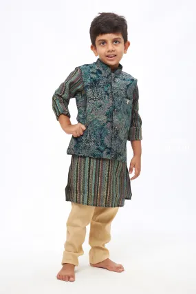 Boys Traditional Teal Kurtha with Intricate Floral Overcoat and Geometric Striped Jacket