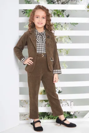 Green with Cream Checked Overcoat Styled Top and Pant Set for Girls