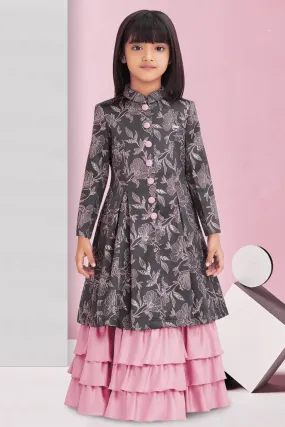 Grey with Onion Pink Foil Print Overcoat Styled Long Gown For Girls