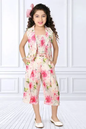 Half White with Floral Print Overcoat Styled Culottes Set for Girls