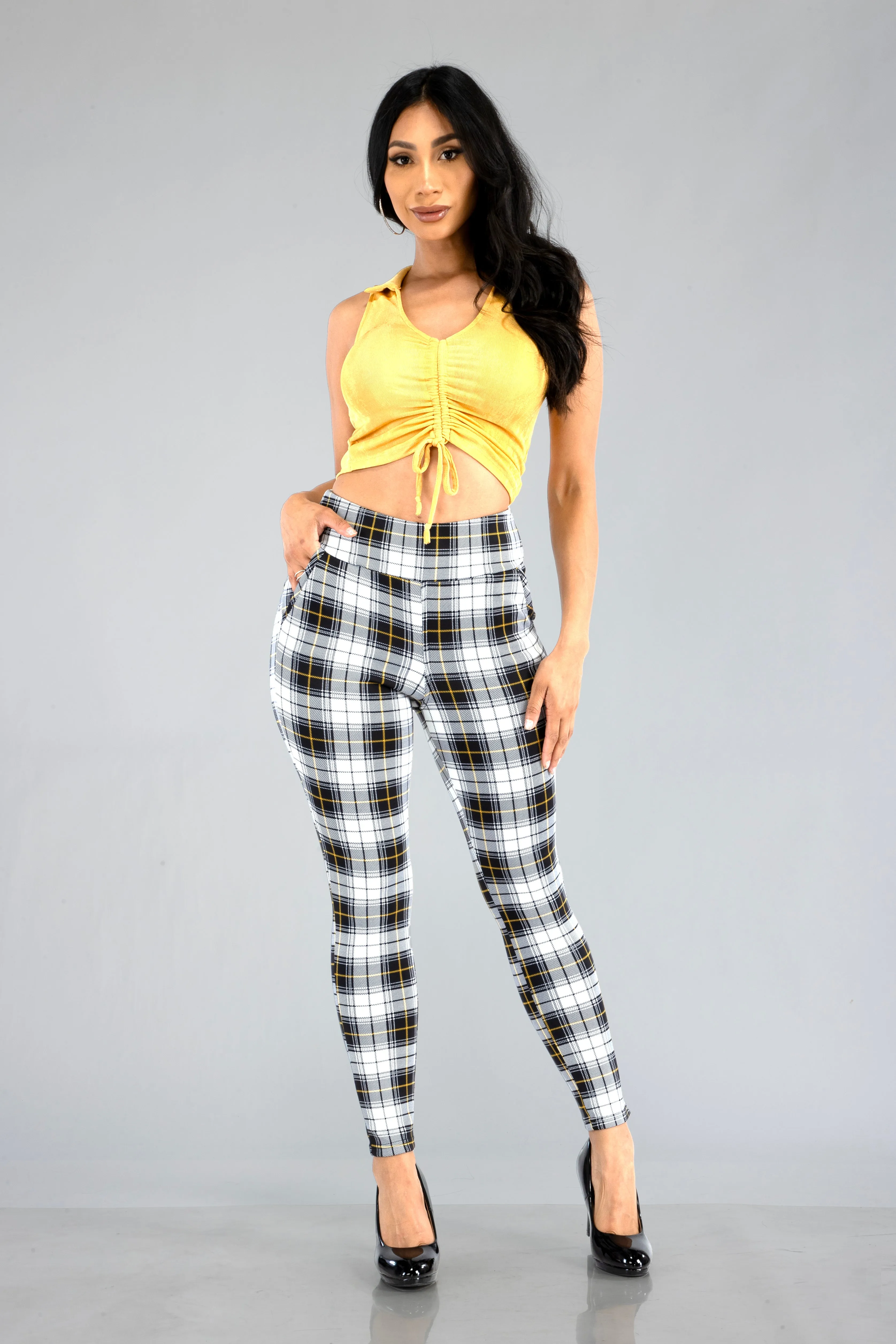 High Waist Sculpting Treggings With Front Pockets - Black, White, Mustard Plaid