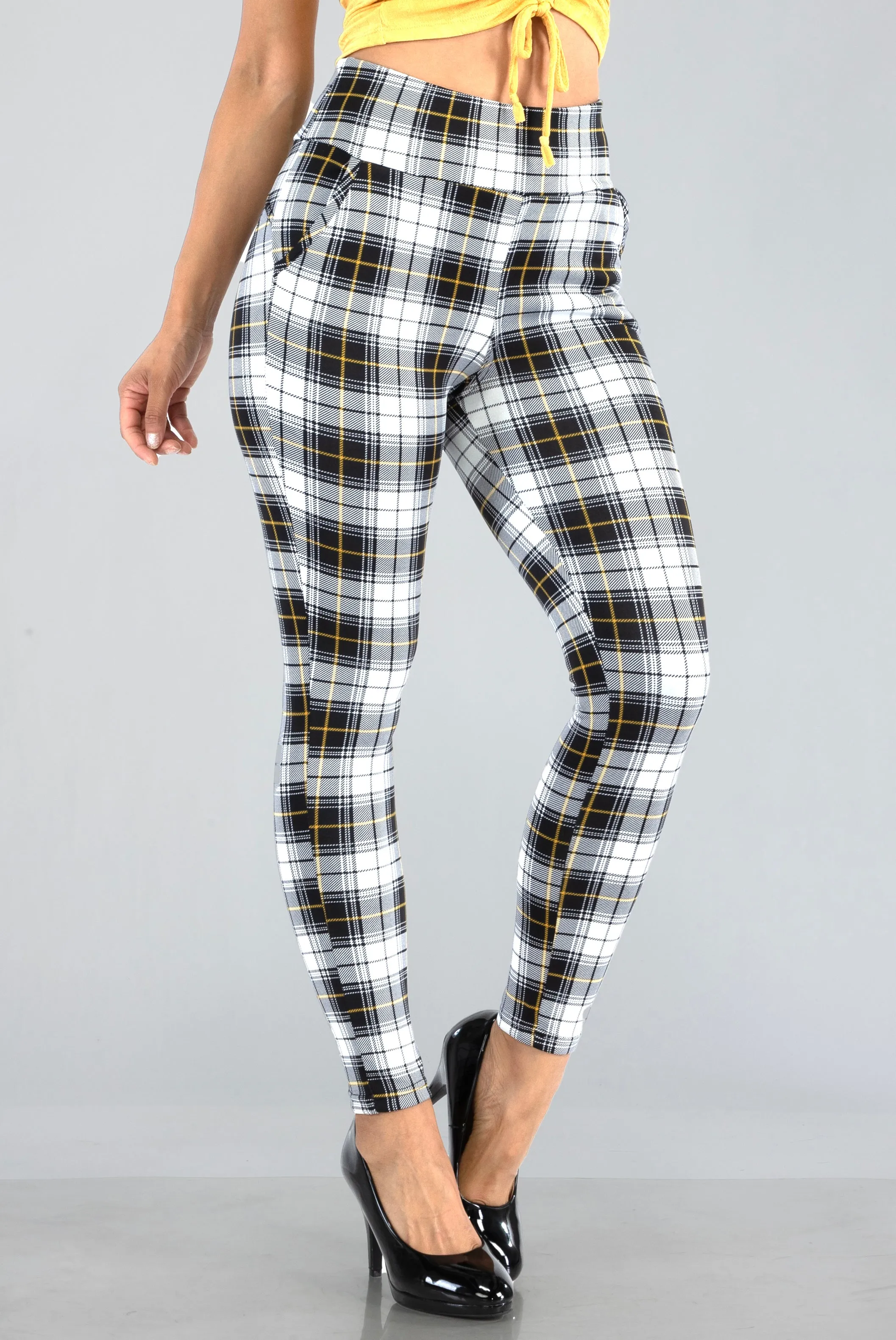 High Waist Sculpting Treggings With Front Pockets - Black, White, Mustard Plaid