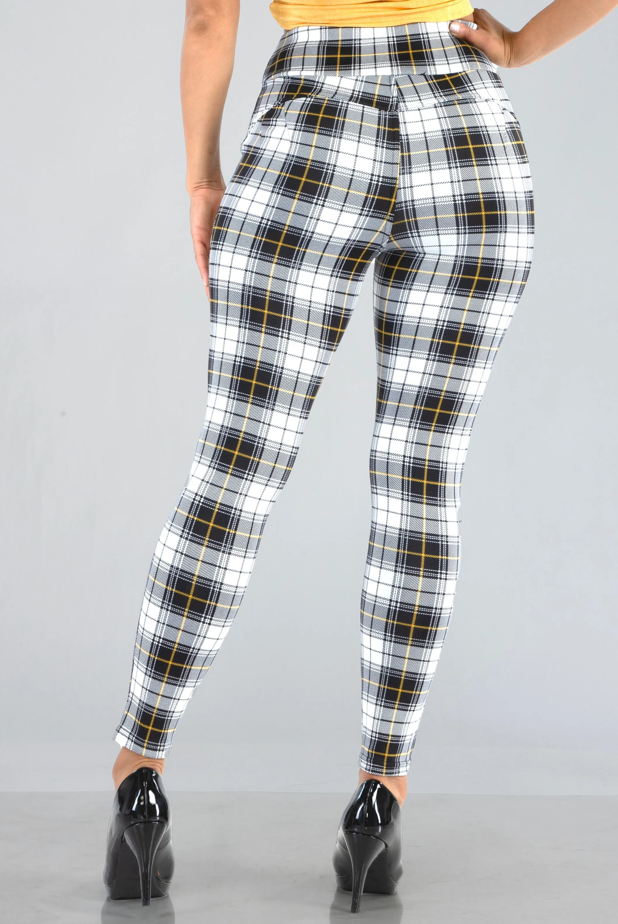 High Waist Sculpting Treggings With Front Pockets - Black, White, Mustard Plaid