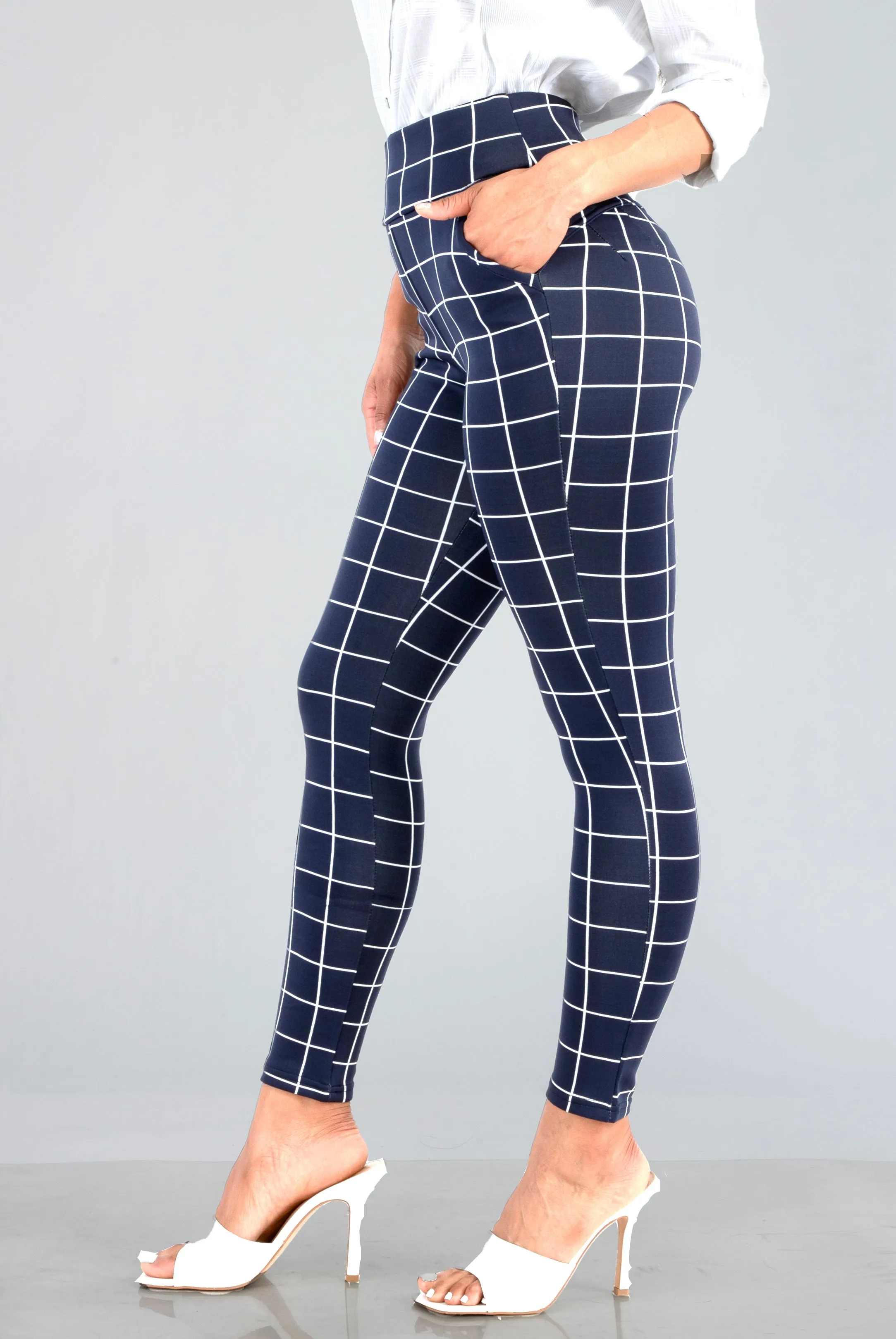 High Waist Sculpting Treggings With Front Pockets - Navy & White Plaid