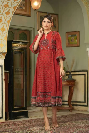 Juniper Red Ethnic Motif Printed Georgette Flared Dress.