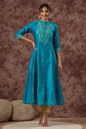 Juniper Teal Chanderi Ethnic Motif Printed with Embroidery Anarkali Women Kurta With Buttons