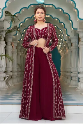 Maroon Sequins and Zari work Crop Top with Long Over Coat Palazzo Set