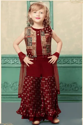 Maroon Zari and Beads work with Digital Print Overcoat Styled Sharara Set For Girls